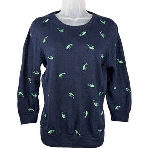 J. Crew Navy Linen Sweater Women's M Embroidered Green Whale Semi-Sheer Coastal